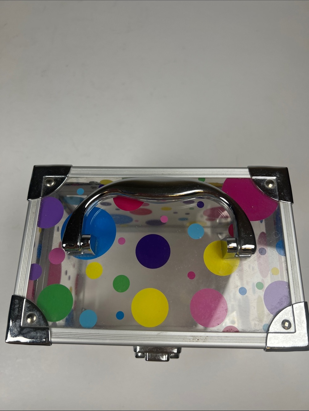 Caboodles Clear Cosmetic Case with Multicolor Polka Dots and Silver Trim - Picture 7 of 8